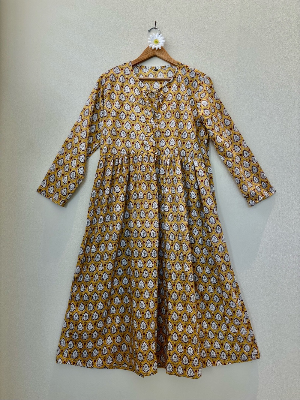 Yellow Gold Block Print Long Sleeve Cotton Dress NWOT